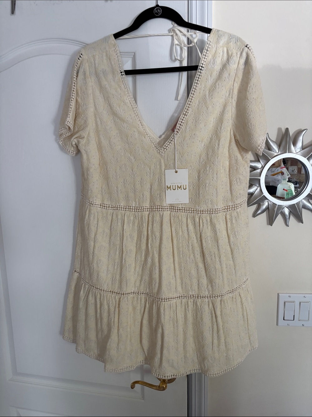 Show Me Your MuMu Ladies Cream Lace V-Neck Tiered Mini Dress-L